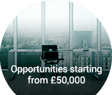 Luxury office chair overlooking a city skyline, highlighting executive job opportunities starting from £50,000.
