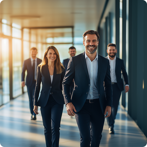 A group of five people in business suits in an office building.