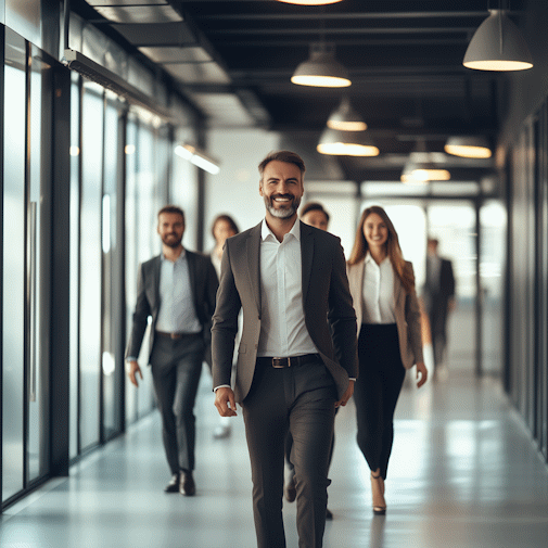 Eine Gruppe von fünf Business-Personen in Anzügen, die durch einen gläsernen Gang gehen